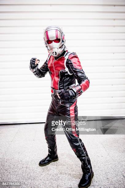Cosplayer in character as Ant-Man from Avengers during day 3 of the MCM London Comic Con 2017 held at the ExCel on October 28, 2017 in London,...
