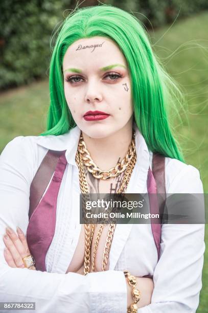 Cosplayers in character as a gender bend Suicide Squad Joker during Day 3 of the MCM London Comic Con 2017 held at the ExCel on October 28, 2017 in...