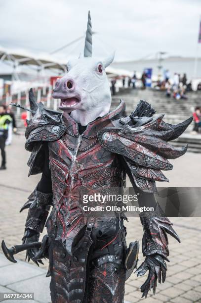 Cosplayer in character as a Skyrim armoured Unicorn during Day 3 of the MCM London Comic Con 2017 held at the ExCel on October 28, 2017 in London,...