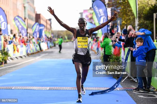 Dublin , Ireland - 29 October 2017; Bernard Rotich of Kenya crosses the line to win the men's category during the SSE Airtricity Dublin Marathon 2017...