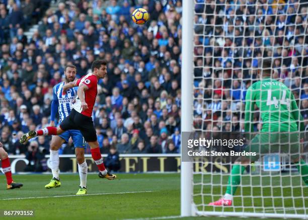 Glenn Murray of Brighton and Hove Albion beats Cedric Soares of Southampton scores their first goal during the Premier League match between Brighton...
