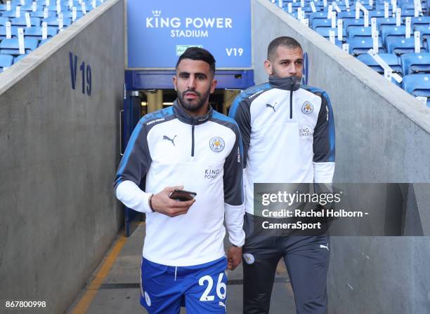 Leicester City's Riyad Mahrez and Leicester City's Islam Slimani during the Premier League match between Leicester City and Everton at The King Power...