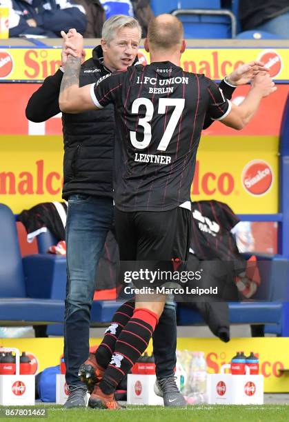 Coach Jens Keller and Toni Leistner of 1 FC Union Berlin during the game between MSV Duisburg and 1 FC Union Berlin on October 29, 2017 in Duisburg,...