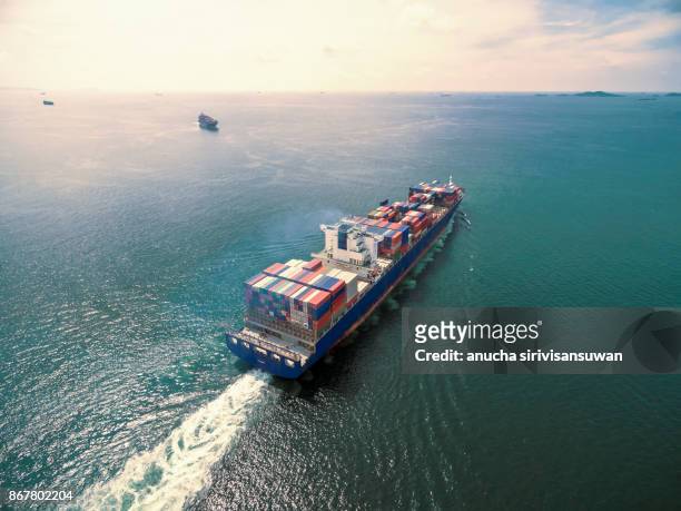 aerial view of cargo ship, cargo container in warehouse harbor at thailand . - elemento vasale foto e immagini stock