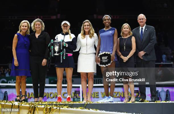 Micky Lawler, WTA President, WTA Legend Ambassador Kim Clijsters, winner Caroline Wozniacki of Denmark, Melissa Pine, WTA Finals Tournament Director,...