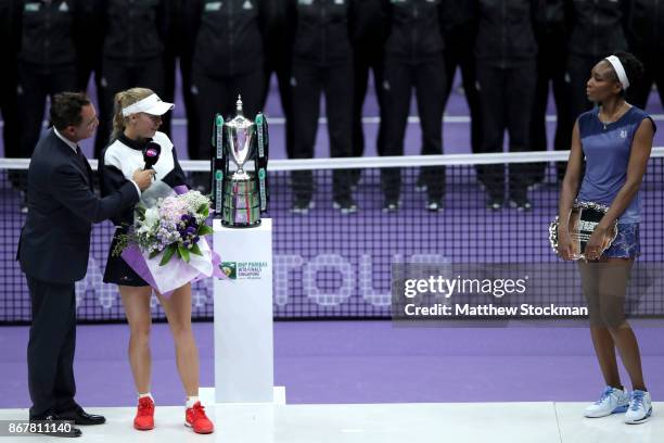 Andrew Krasny interviews Caroline Wozniacki of Denmark about her win over Venus Williams of the United States after the Singles Final during day 8 of...