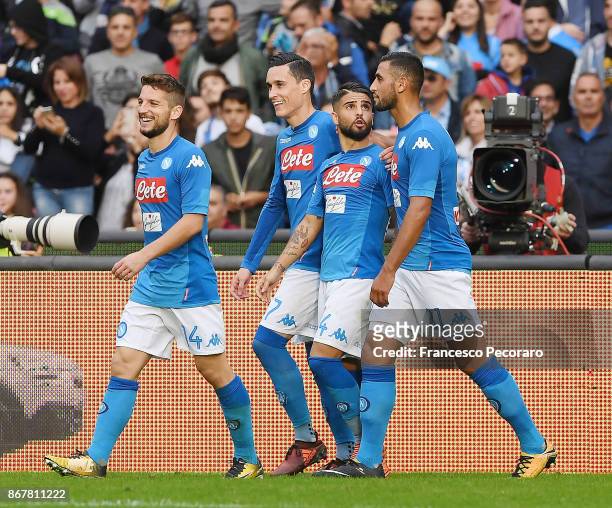 Dries Mertens, Jose Calleon, Lorenzo Insigne and Faouzi Ghoulam of SSC Napoli celebrate the 2-1 goal scored by Lorenzo Insigne during the Serie A...