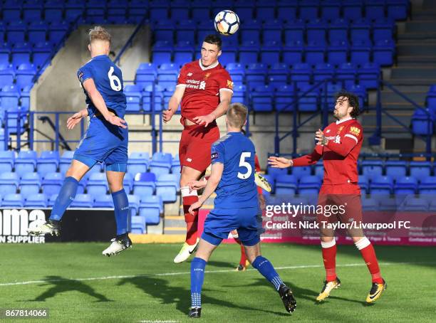 Lloyd Jones of Liverpool has an injury time header hit the bar during the Liverpool v Leicester City PL2 game at Prenton Park on October 29, 2017 in...
