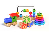 Wooden toys on white background 3d rendering