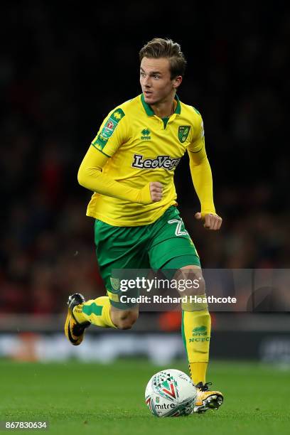 James Maddison of Norwich in action during the Carabao Cup Fourth Round match between Arsenal and Norwich City at Emirates Stadium on October 24,...