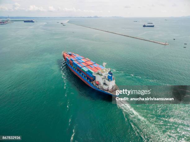 aerial view of cargo ship, cargo container in warehouse harbor at thailand . - elemento vasale foto e immagini stock