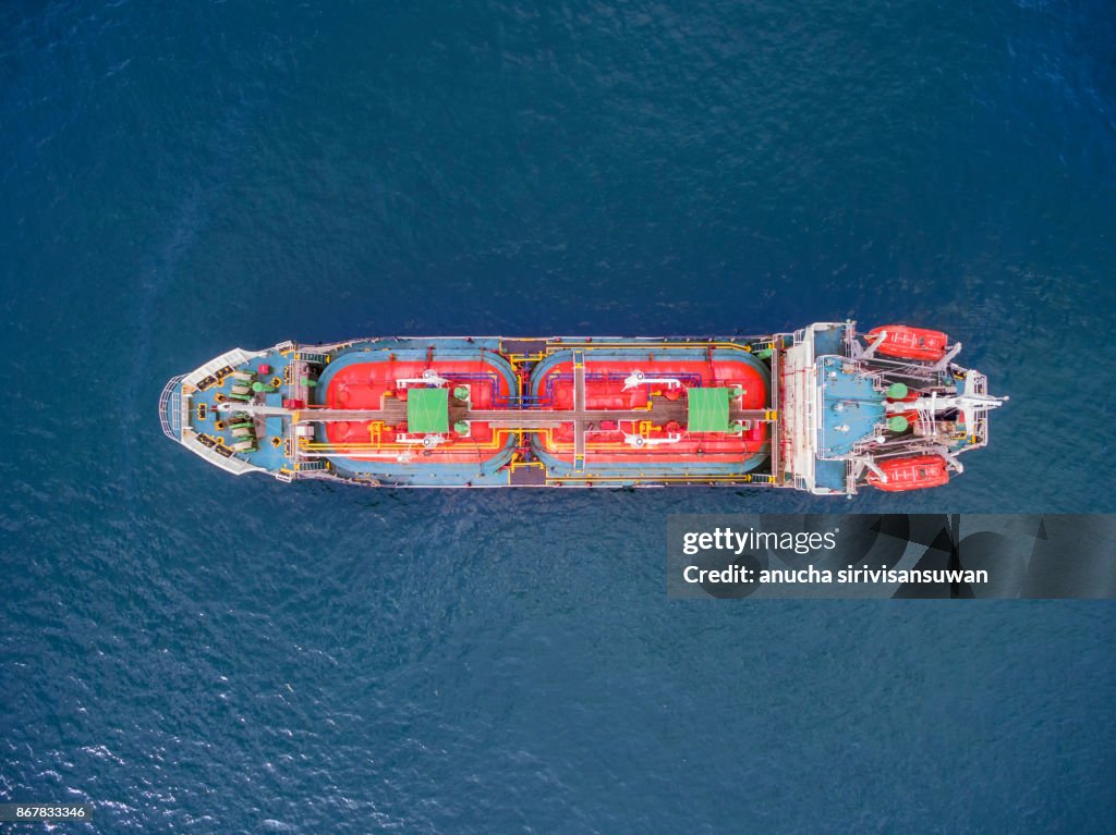 Aerial top view tanker ship park in sea .