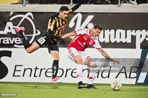 Egzon Binaku of BK Hacken and Melker Hallberg of Kalmar FF competes for the ball during the Allsvenskan match between BK Hacken and Kalmar FF at...