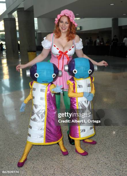 Actress Maitland Ward posing with cosplayers on day 2 of Stan Lee's Los Angeles Comic Con 2017 held at Los Angeles Convention Center on October 28,...