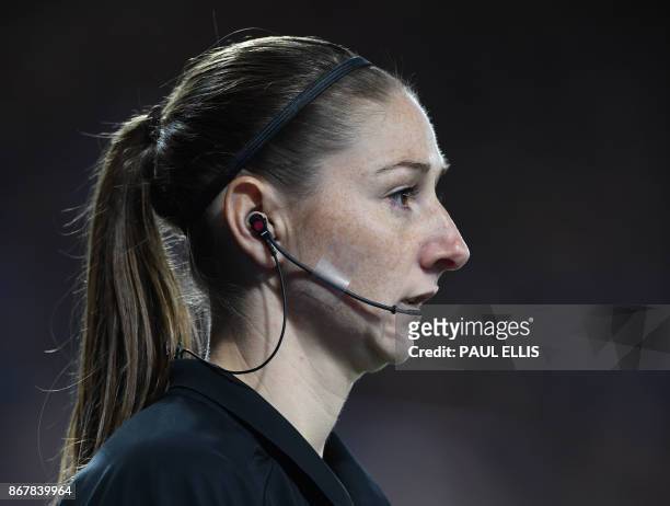 Assistan referee Sian Massey-Ellis looks on during the English Premier League football match between Leicester City and Everton at King Power Stadium...