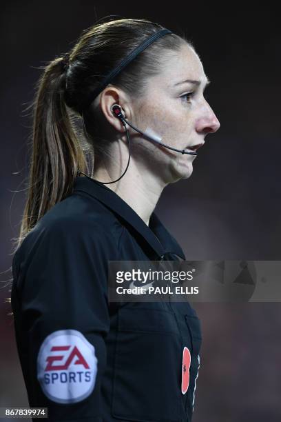 Assistan referee Sian Massey-Ellis looks on during the English Premier League football match between Leicester City and Everton at King Power Stadium...