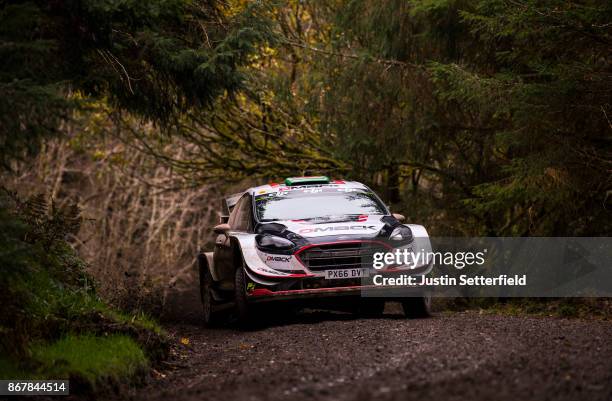 Elfyn Evans of Great Britain and M-Sport World Rally Team drives with co-driver Daniel Barritt of Great Britain during the Gwydir stage of the FIA...