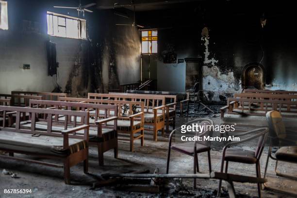 Catholic church damaged and burned by Islamic State militants in Karamles, a Christian town in northern Iraq, on September 8, 2017.