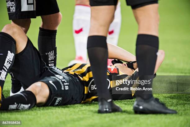 Paulinho in pain during the Allsvenskan match between BK Hacken and Kalmar FF at Bravida Arena on October 29, 2017 in Gothenburg, Sweden.