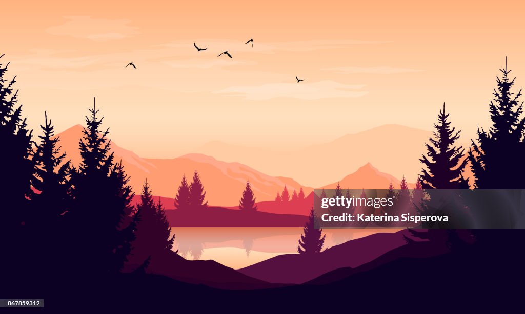 Vector De Dibujos Animados Puesta Del Sol Paisaje Cielo Naranja Siluetas De Montañas Colinas Y Árboles Y Lago Ilustración de stock - Getty Images Vector De Dibujos Animados Puesta Del Sol Paisaje Cielo Naranja Siluetas De Montañas Colinas Y Árboles Y Lago Ilustración de stock - Getty Images