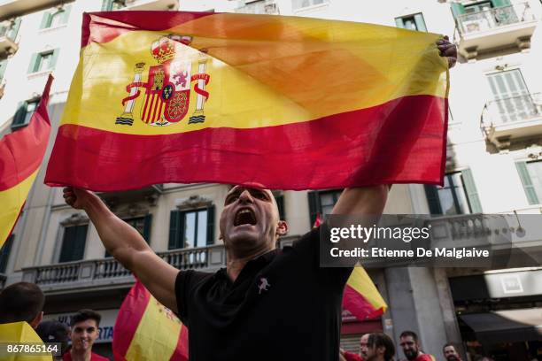 Protesters take part in a pro-unity demonstration on October 29, 2017 in Barcelona, Spain. Thousands of pro-unity protesters have gathered in...