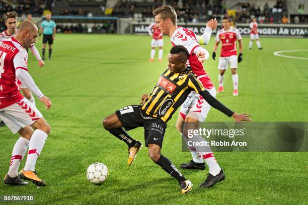 Nasiru Mohammed of BK Hacken and David Engstrom of Kalmar FF competes for the ball during the Allsvenskan match between BK Hacken and Kalmar FF at...