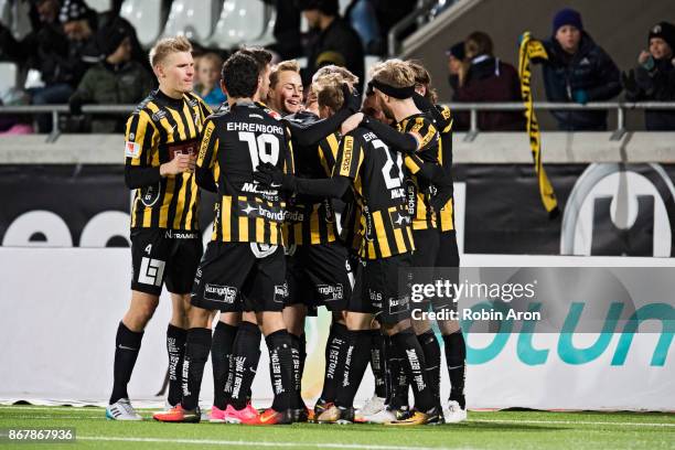 Nasiru Mohammed of BK Hacken celebrates with teammates after scoring 2-0 during the Allsvenskan match between BK Hacken and Kalmar FF at Bravida...