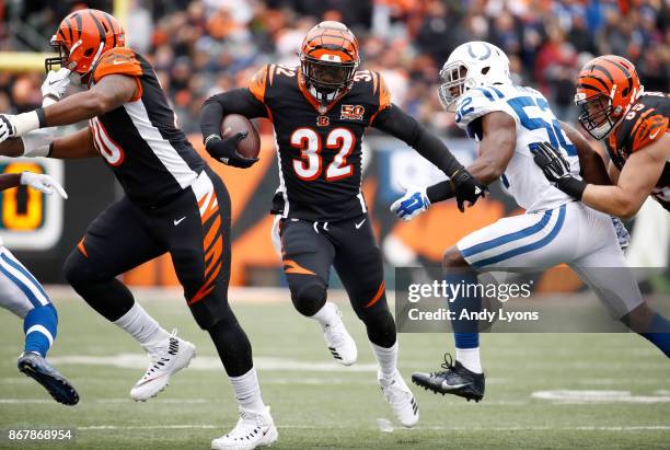 Jeremy Hill of the Cincinnati Bengals runs with the ball against the Indianapolis Colts at Paul Brown Stadium on October 29, 2017 in Cincinnati, Ohio.