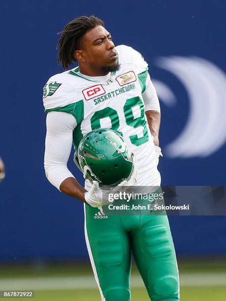 Duron Carter of the Saskatchewan Roughriders during the warm up against the Toronto Argonauts at BMO field on October 7, 2017 in Toronto, Ontario,...