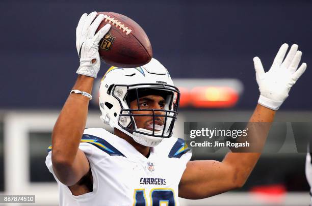 Tyrell Williams of the Los Angeles Chargers reacts after catching a pass during the third quarter of a game against the New England Patriots at...