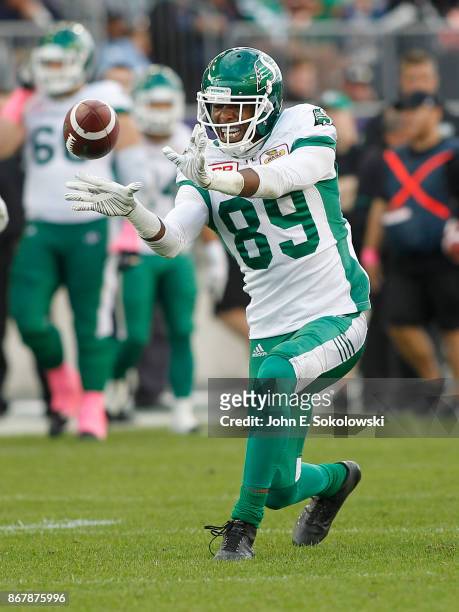 Duron Carter of the Saskatchewan Roughriders celebrates after a pass reception against the Toronto Argonauts during a game at BMO field on October 7,...