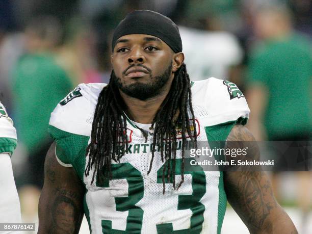 Trent Richardson of the Saskatchewan Roughriders on the sidelines against the Toronto Argonauts during a game at BMO field on October 7, 2017 in...