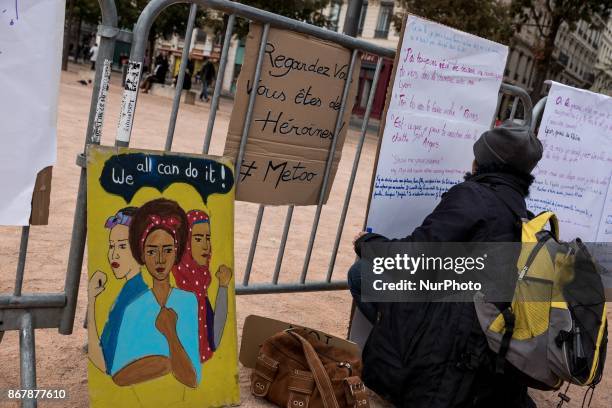 Gathering against gender-based and sexual violence on the place Bellecour in Lyon, France on October 29, 2017. #MeToo hashtag, is the campaign...