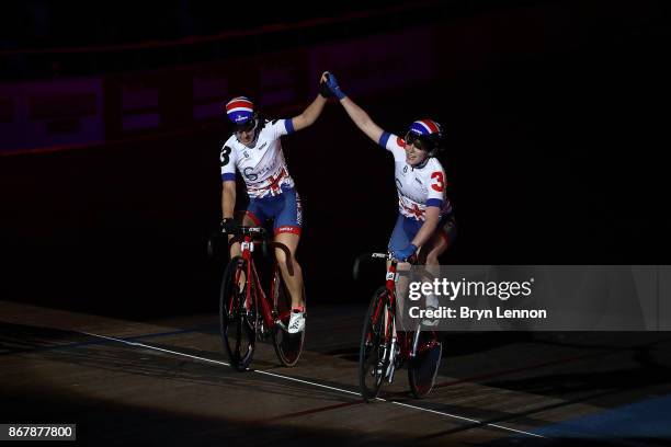 Neah Evans and Emily Nelson of Great Britain celebrate winning the women's 20km Madison on day six of the London Six Day Race at the Lee Valley...