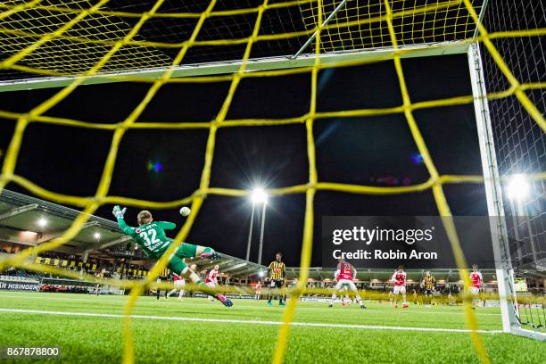 Lucas Hagg-Johansson, goalkeeper of Kalmar FF trows himself to top the ball during the Allsvenskan match between BK Hacken and Kalmar FF at Bravida...