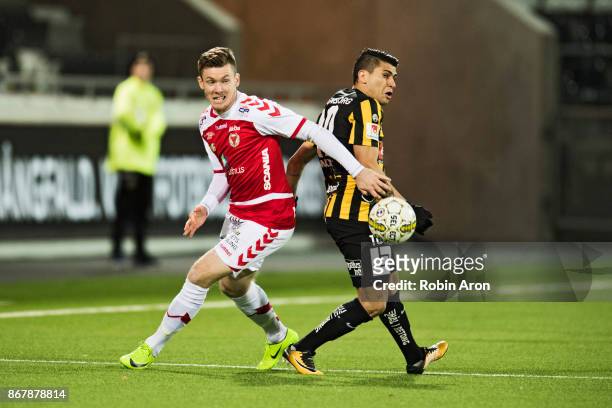 Viktor Agardius of Kalmar FF and Paulinho of BK Hacken competes for the ball during the Allsvenskan match between BK Hacken and Kalmar FF at Bravida...