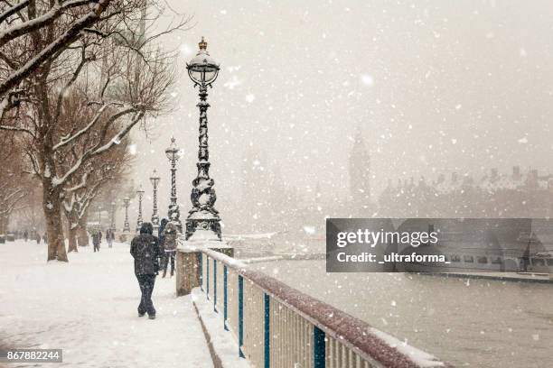 jubilee gardens und westminster palast während eines schneesturms in london - person falls from westminster bridge stock-fotos und bilder