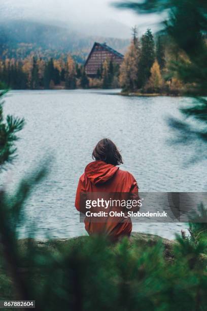 vrouw zitten in de buurt van het meer in bergen - tatra stockfoto's en -beelden