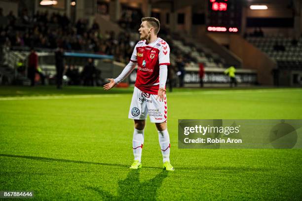 Viktor Agardius of Kalmar FF dejected during the Allsvenskan match between BK Hacken and Kalmar FF at Bravida Arena on October 29, 2017 in...