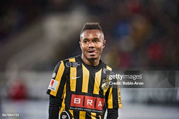 Nasiru Mohammed of BK Hacken dejected during the Allsvenskan match between BK Hacken and Kalmar FF at Bravida Arena on October 29, 2017 in...