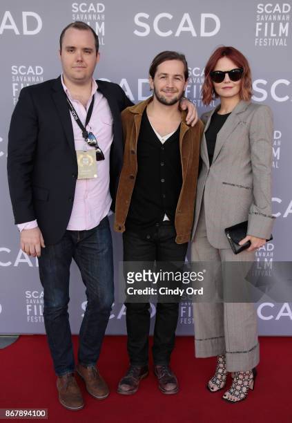 Producer Asher Bogart and actors Michael Angarano and Jennifer Morrison pose backstage at 'Sun Dogs' Q&A during the 20th Anniversary SCAD Savannah...