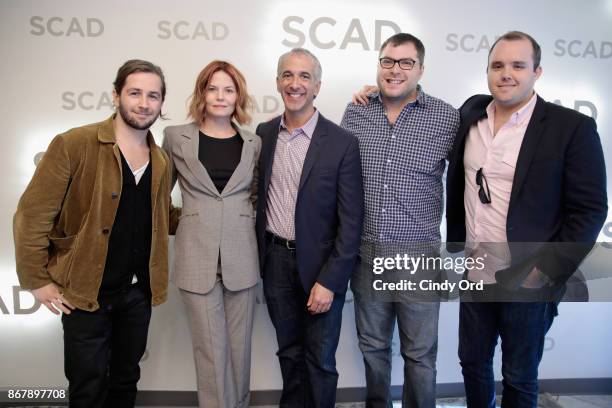 Michael Angarano, Jennifer Morrison, Scott Mantz; Andrew Carlberg, and Asher Bogart pose backstage at 'Sun Dogs' Q&A during the 20th Anniversary SCAD...