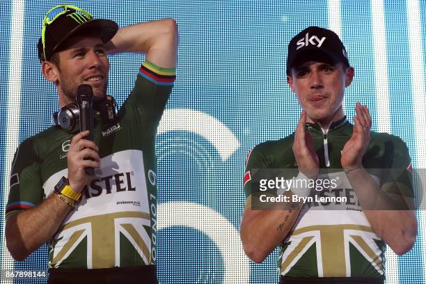 Mark Cavendish of Great Britain stands on the podium with team mate Peter Kennaugh after finishing second in the London Six Day Race at the Lee...