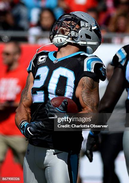 Carolina Panthers safety Kurt Coleman celebrates his recovery of a fumble by Tampa Bay Buccaneers quarterback Jameis Winston during second quarter...