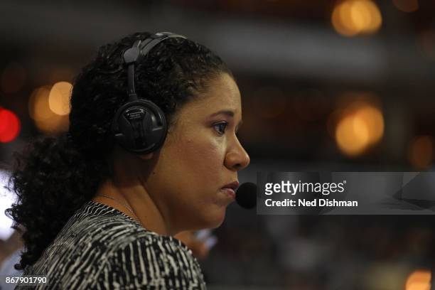 Commentator Kara Lawson during the game between the Detroit Pistons and the Washington Wizards on October 20, 2017 at Capital One Arena in...