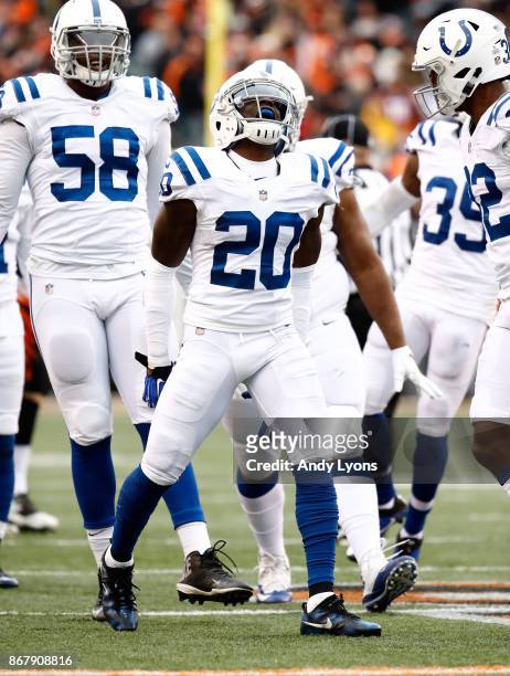 Darius Butler of the Indianapolis Colts celebrates after a fumble recovery against the Cincinnati Bengals at Paul Brown Stadium on October 29, 2017...