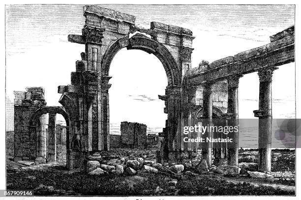 stockillustraties, clipart, cartoons en iconen met colonnade van de tempel ruïnes in palmyra - palmera