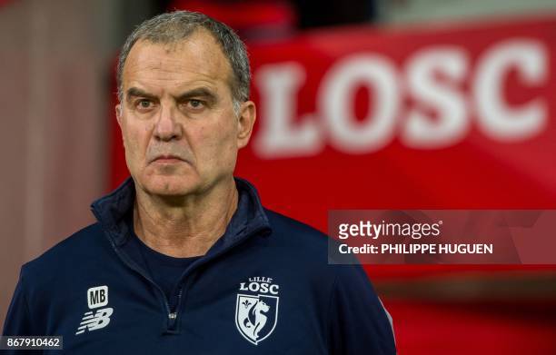 Lille's Argentinian head coach Marcelo Bielsa looks on during the French L1 football match between Lille OSC and Olympique de Marseille on October...