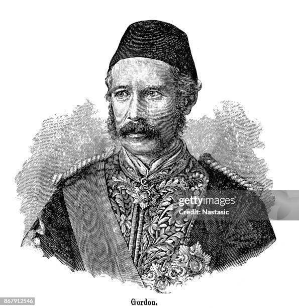 major-general charles george gordon cb (28 january 1833 – 26 january 1885), also known as chinese gordon, gordon pasha, and gordon of khartoum - trafalgar square stock illustrations