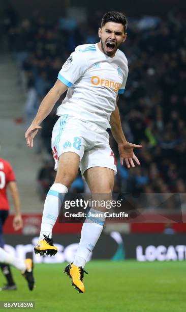 Morgan Sanson of OM celebrates his goal during the French Ligue 1 match between Lille OSC and Olympique de Marseille at Stade Pierre Mauroy on...